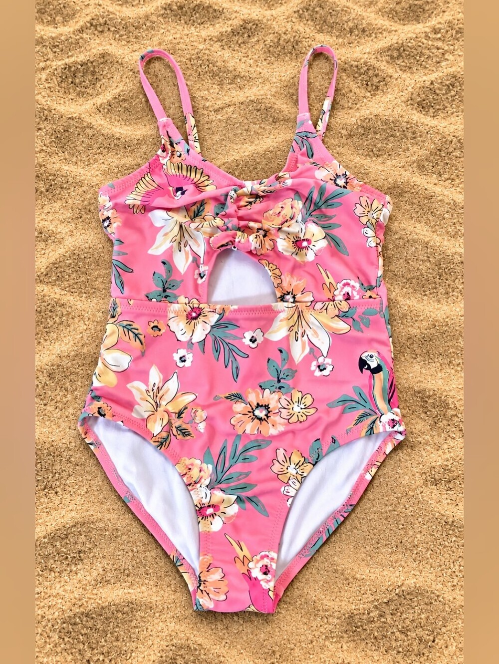 OshKosh Girls 7/7A Pink Tropical Floral Parrot One Piece Swimsuit